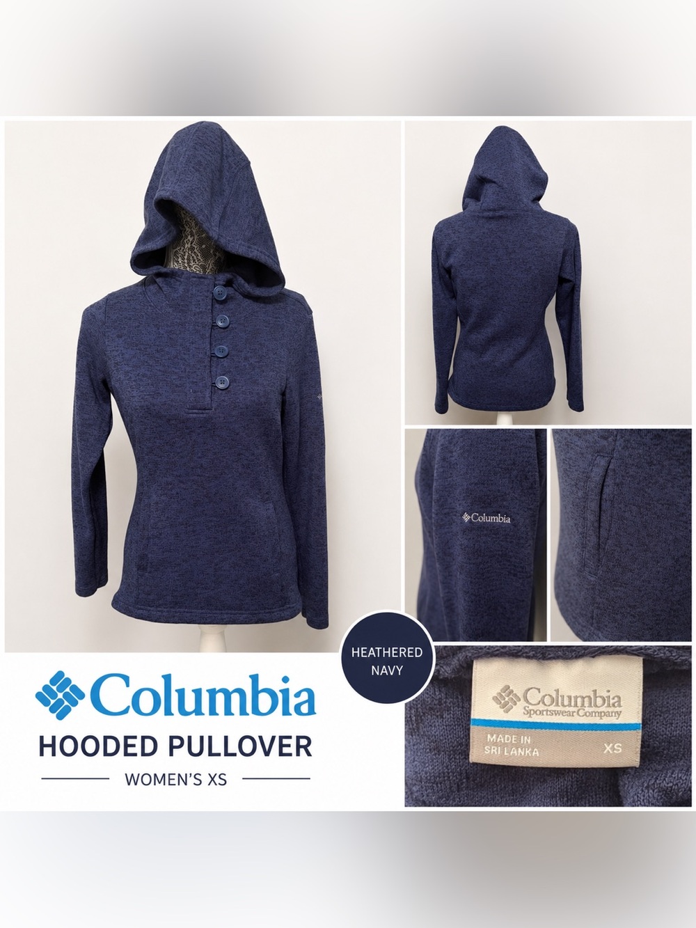 Columbia Women’s XS Hooded Pullover Sweater Blue Button Neck Cozy Outdoor Top
